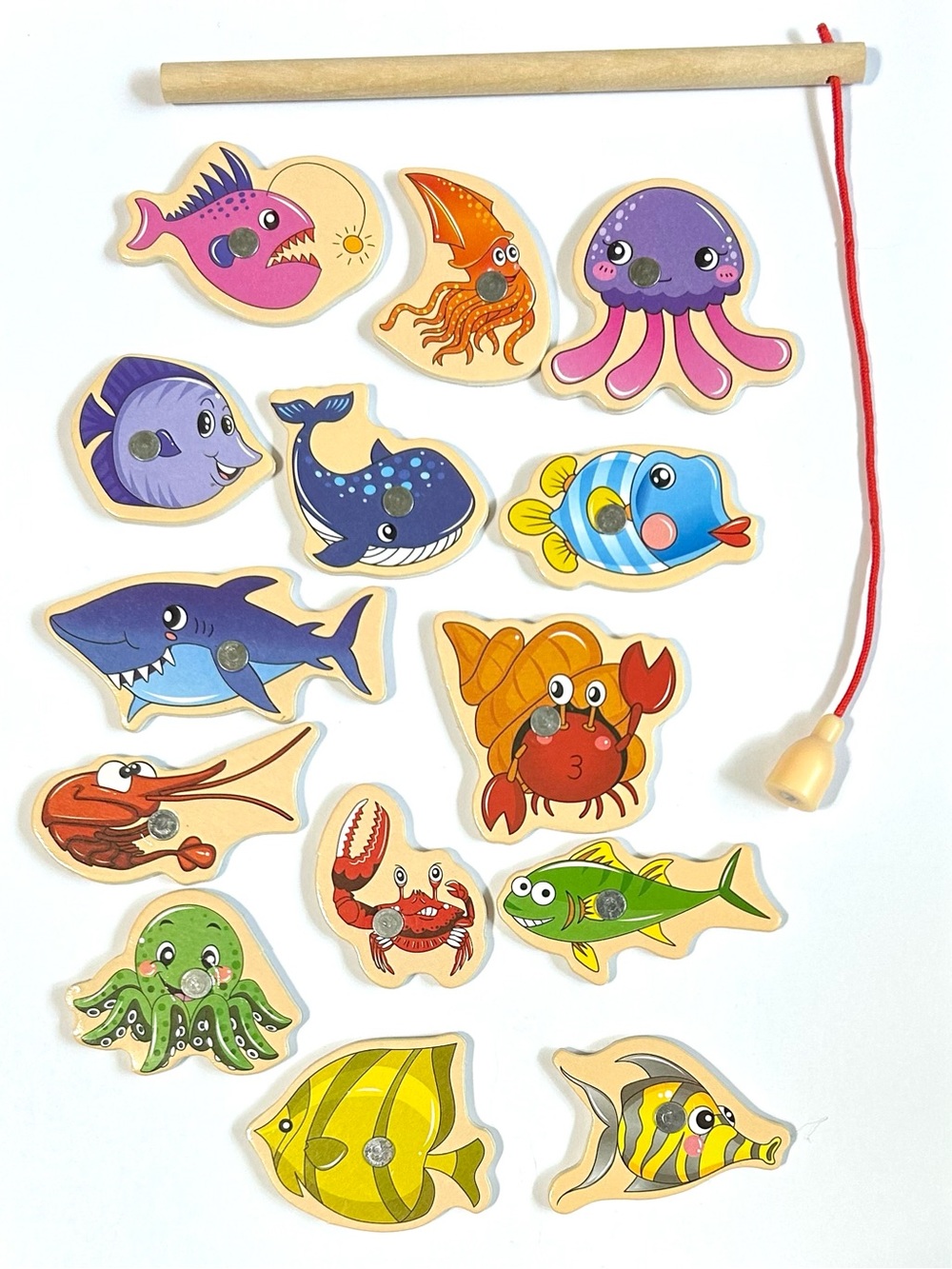 4/$20 Wooden Magnetic Fishing Game. 14 Water Creatures & 1 Fishing Pole